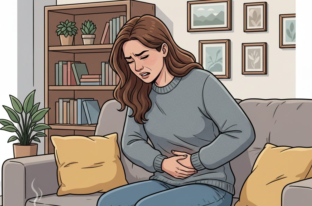 Ilustrasi seseorang wanita memegang perut karena maag kambuh
