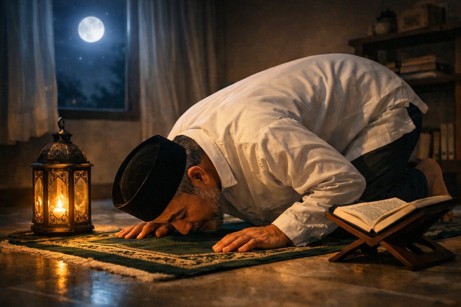 Ilustrasi seorang lelaki muslim sedang melaksanakan sholat tahajud di spertiga malam