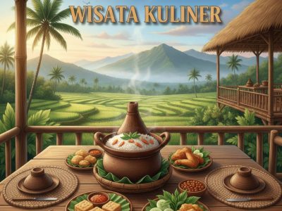 Ilustrasi Hidangan nasi liwet dan tahu khas Sumedang di restoran dengan pemandangan sawah dan pegunungan yang asri/