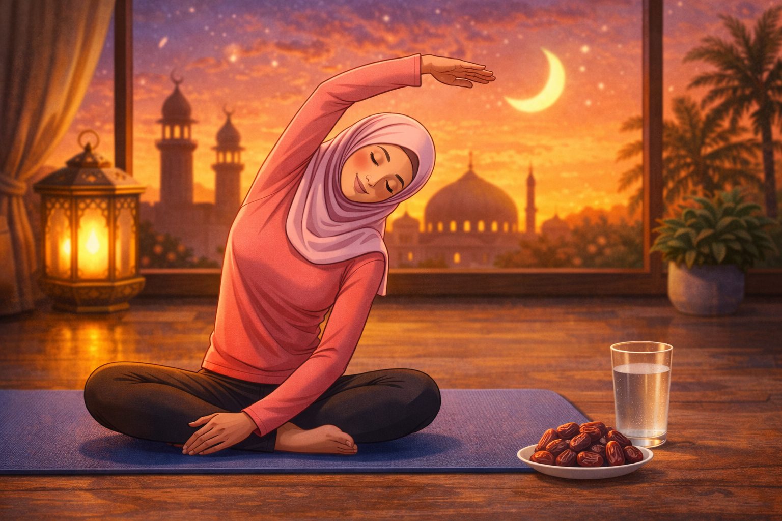 Buatkan image Ilustrasi wanita melakukan peregangan yoga ringan menjelang waktu berbuka puasa. Buatkan Image dengan ukuran 1200 x 675 piksel (16:9) atau 1200 x 628 piksel.Pastikan ukuran file di bawah 200 KB untuk kecepatan pemuatan halaman.