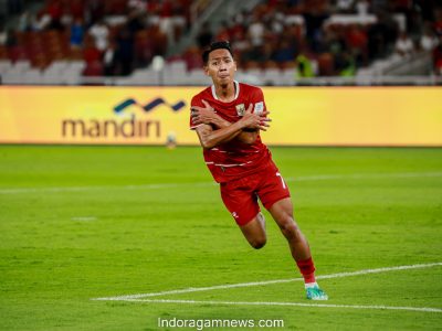 Beckham Putra merayakan gol perdananya bersama Timnas Indonesia saat melawan Saint Kitts and Nevis di Stadion Utama Gelora Bung Karno, 27 Maret 2026