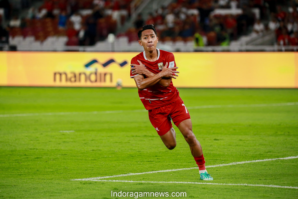 Beckham Putra merayakan gol perdananya bersama Timnas Indonesia saat melawan Saint Kitts and Nevis di Stadion Utama Gelora Bung Karno, 27 Maret 2026