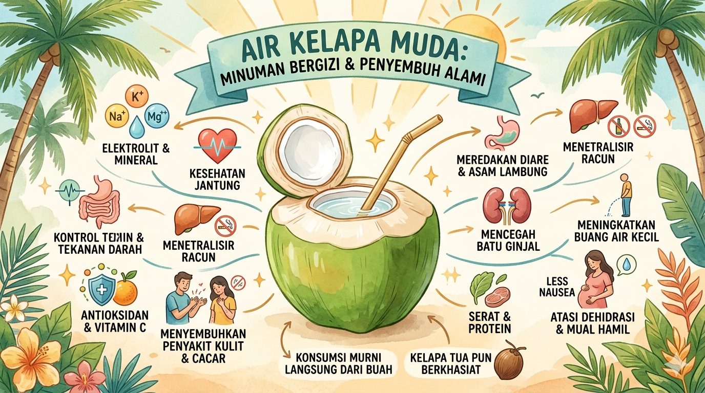 Air kelapa muda kaya elektrolit, mineral, dan antioksidan. Bukan cuma pelepas dahaga, tapi juga bantu kontrol tekanan darah hingga cegah batu ginjal.