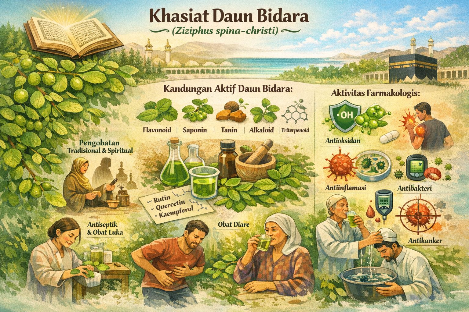 Penelitian ilmiah ungkap kandungan flavonoid, saponin, tanin, dan alkaloid dalam daun bidara. Tanaman ini memiliki aktivitas antioksidan, antiinflamasi, antibakteri, hingga antikanker.