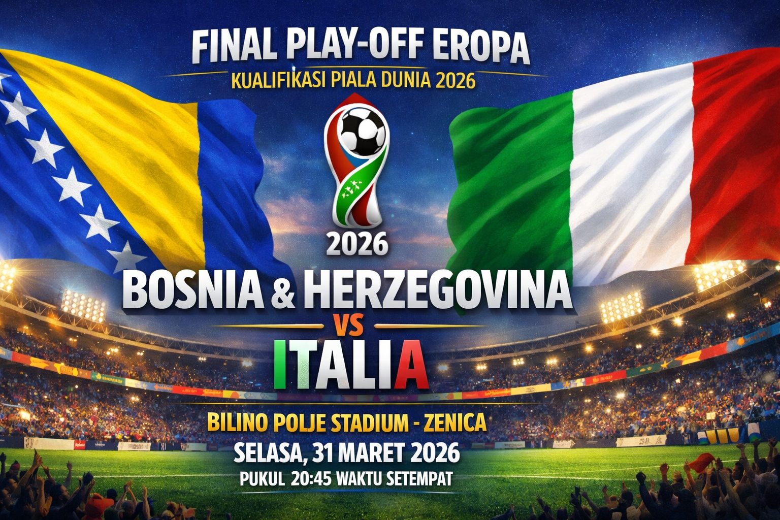 Bosnia dan Herzegovina vs Italia di final play-off Eropa kualifikasi Piala Dunia 2026 di Bilino Polje Stadium, Zenica, pada Selasa (31/03/2026) malam waktu setempat/Ilustrasi: Indoragamnewscom