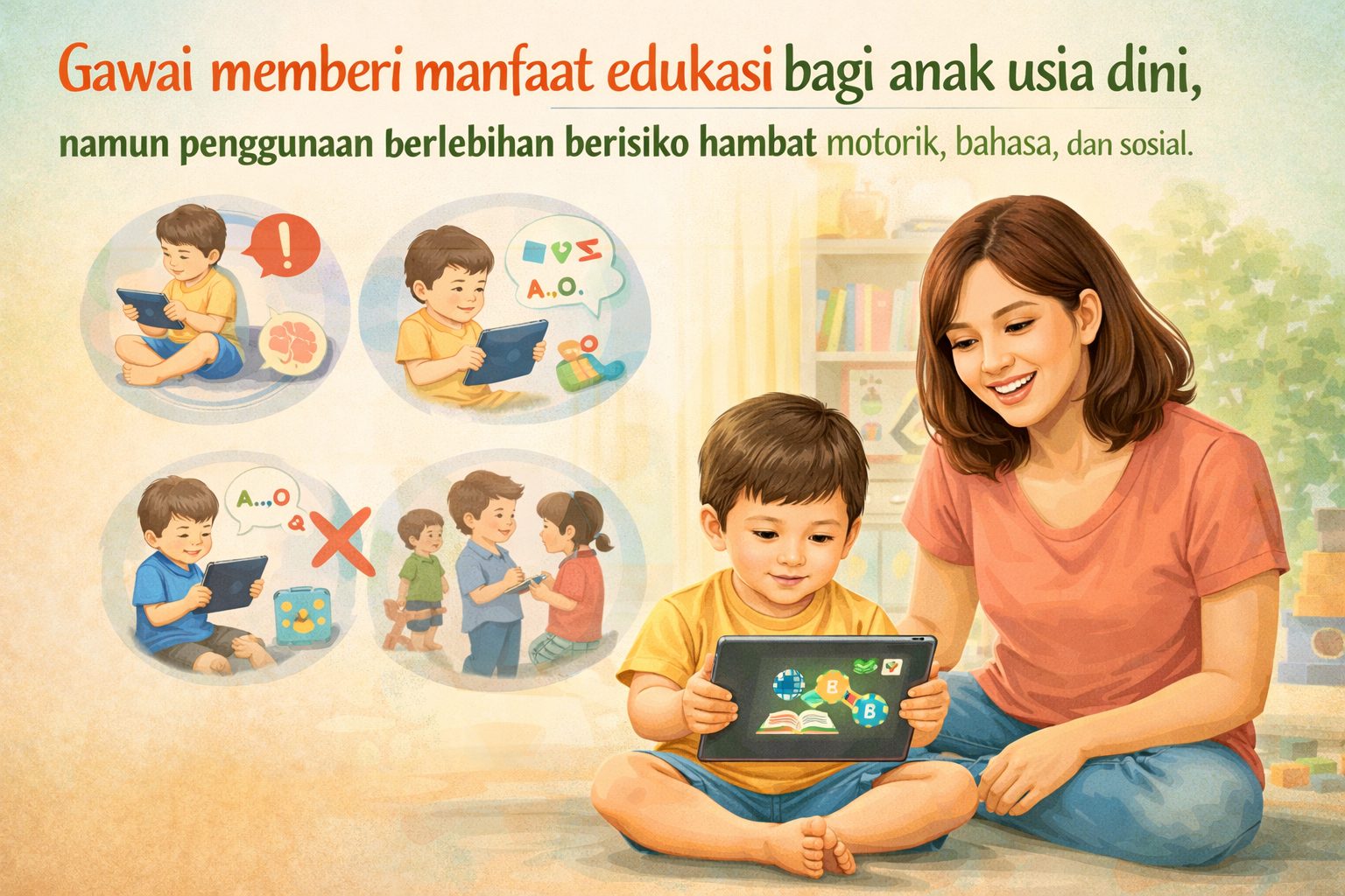 Gawai memberi manfaat edukasi bagi anak usia dini, namun penggunaan berlebihan berisiko hambat motorik, bahasa, dan sosial/Ilustrasi: Indoragamnewscom