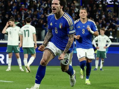 Pemain Italia merayakan gol kemenangan ke gawang Irlandia Utara dalam laga semifinal playoff Piala Dunia 2026 di Stadio Atleti Azzurri d'Italia, Bergamo/Foto: Azzuri