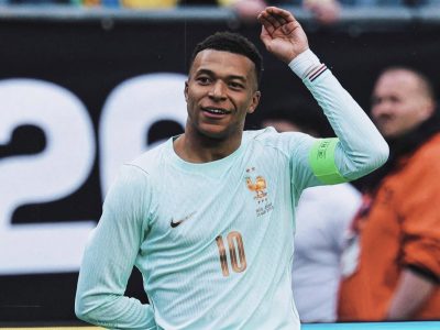 Kylian Mbappe merayakan gol ke gawang Brasil dalam laga persahabatan di Stadion Gillette, Boston, 26 Maret 2026