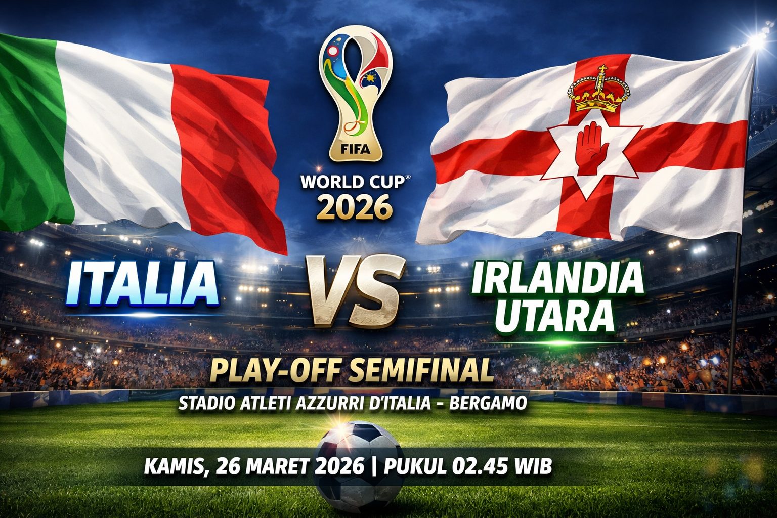 Italia vs Irlandia Utara di playoff Piala Dunia 2026/Ilustrasi: Indoragamnewscom