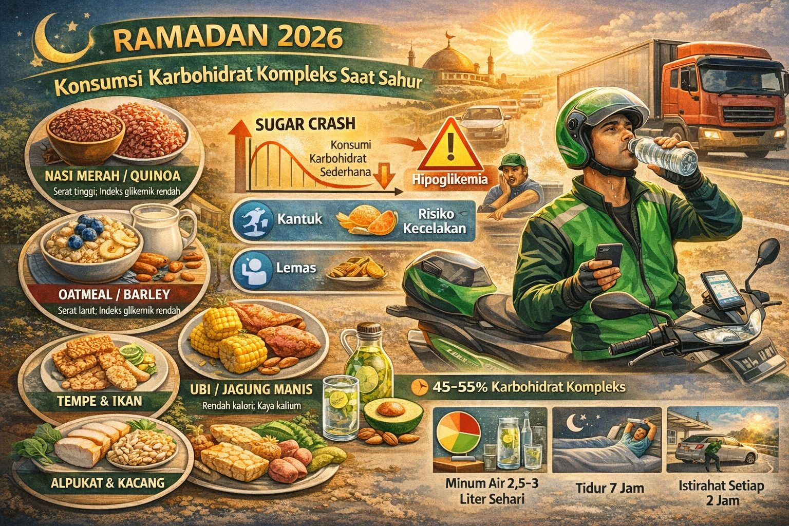 Menu sahur sehat kaya karbohidrat kompleks untuk menjaga fokus pengemudi saat berpuasa di jalan raya/Ilustrasi: Indoragamnewscom