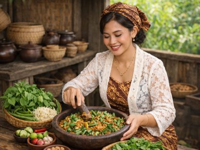 Penyajian karedok dengan sayuran segar seperti kacang panjang, tauge, dan kemangi yang disiram bumbu kacang gurih dalam cobek tanah liat/Ilustrasi: Indoragamnewscom