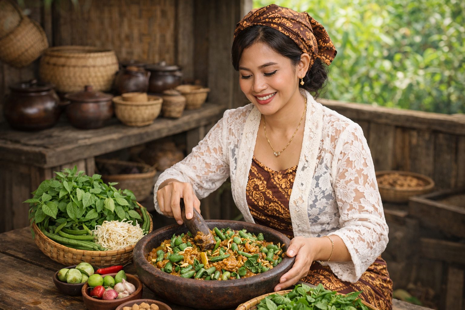 Penyajian karedok dengan sayuran segar seperti kacang panjang, tauge, dan kemangi yang disiram bumbu kacang gurih dalam cobek tanah liat/Ilustrasi: Indoragamnewscom