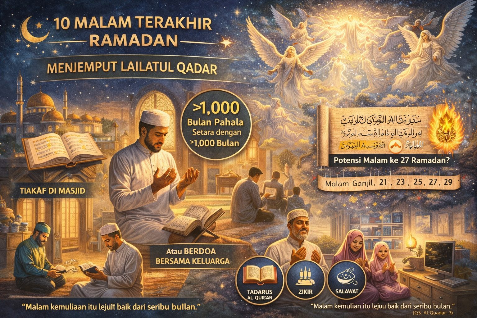 Ilustrasi suasana khusyuk umat Islam yang sedang melaksanakan iktikaf di masjid pada sepuluh malam terakhir bulan Ramadan/Ilustrasi: Indoragamnewscom