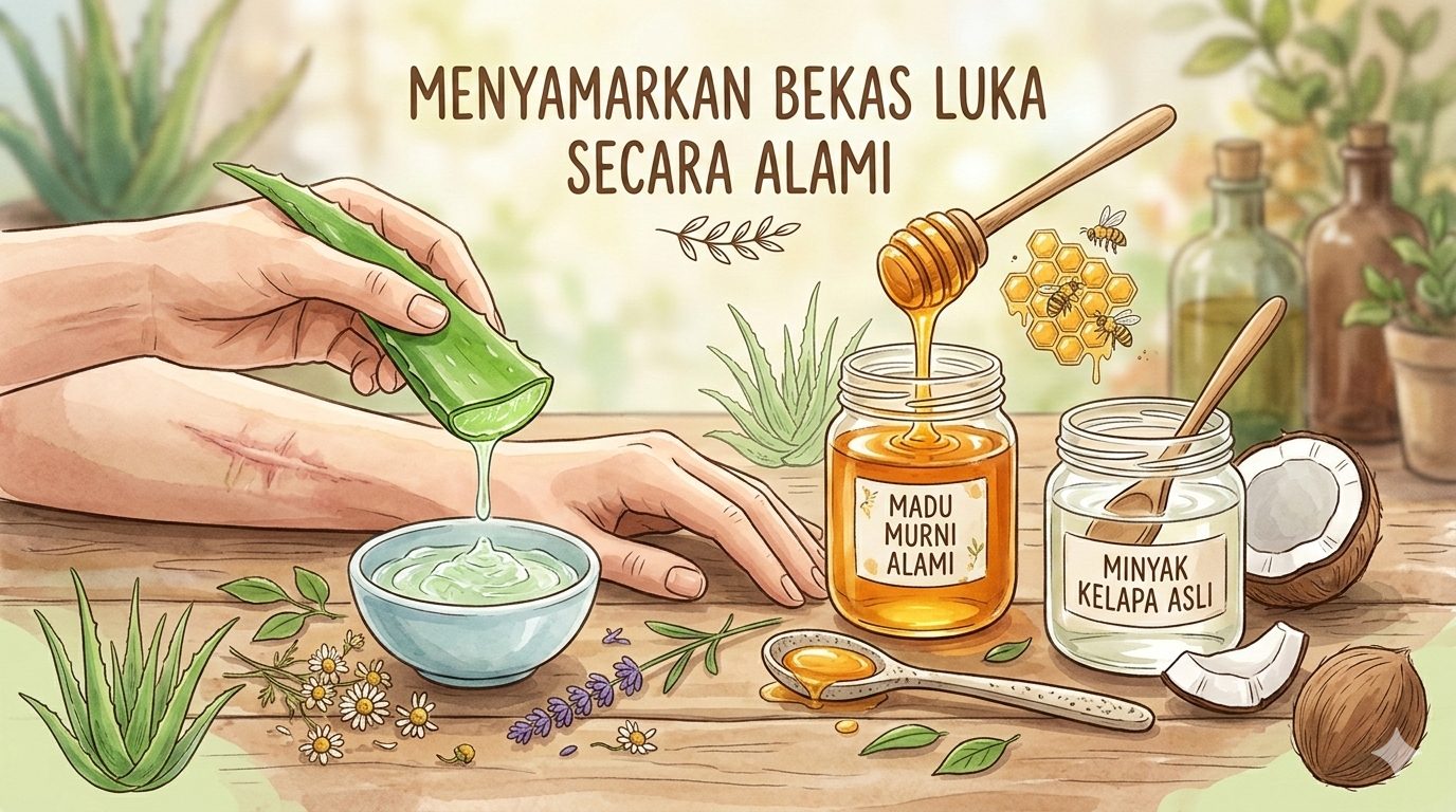 ILUSTRASI Berbagai bahan alami seperti lidah buaya, madu, dan minyak kelapa untuk membantu menyamarkan bekas luka pada kulit