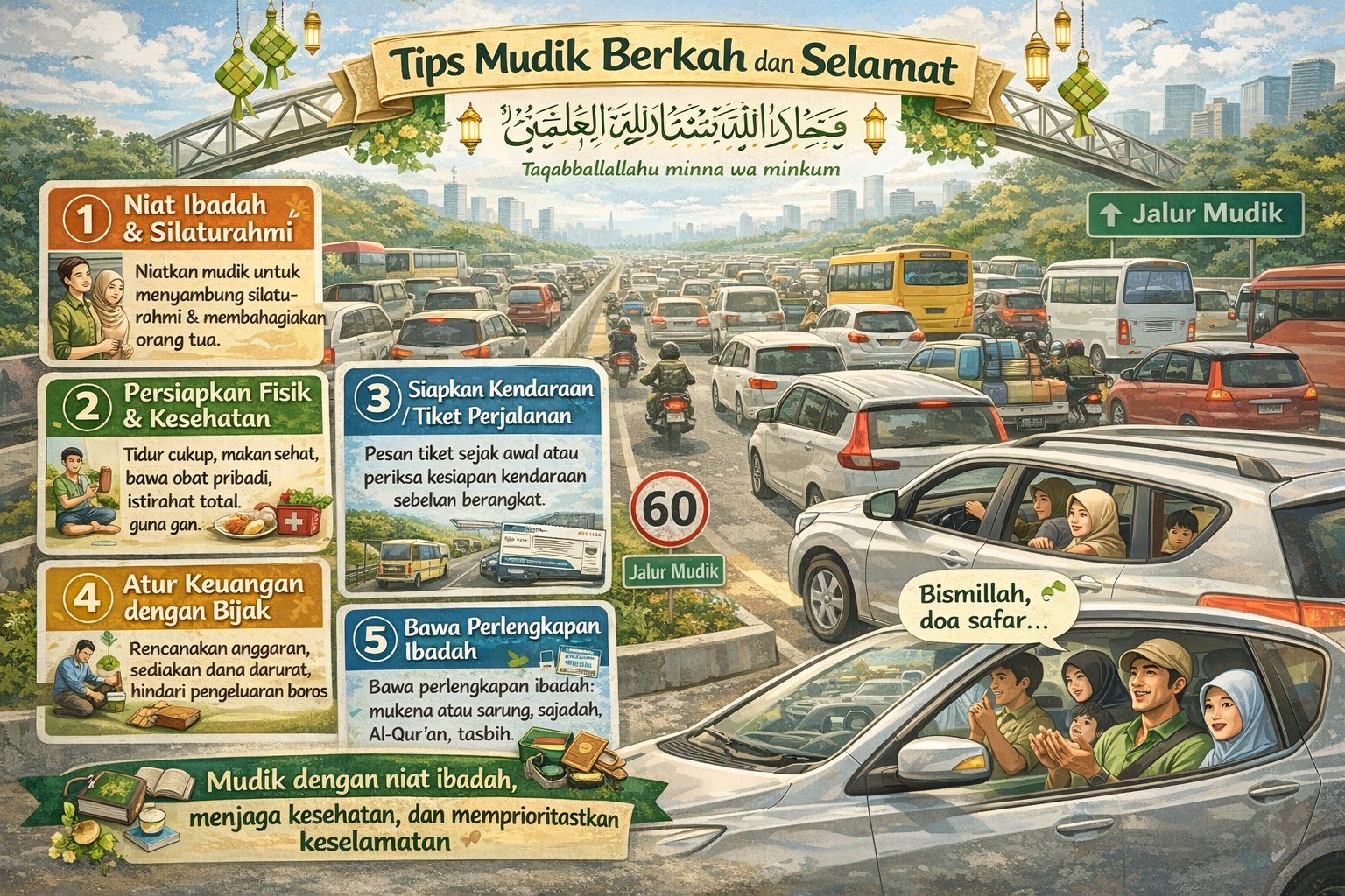 8 persiapan mudik Lebaran agar perjalanan aman, nyaman, dan penuh berkah. Mulai dari niat ibadah, kesehatan, transportasi, hingga perlengkapan salat selama perjalanan.