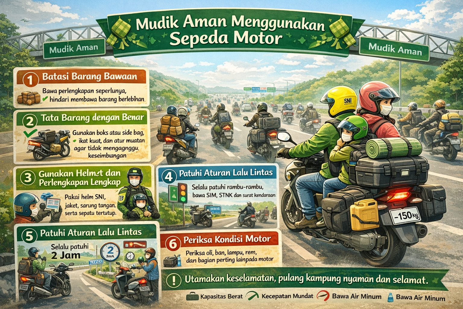 Ilustrasi pemudik sepeda motor dengan perlengkapan lengkap dan barang bawaan tertata rapi di side bag saat perjalanan mudik Lebaran