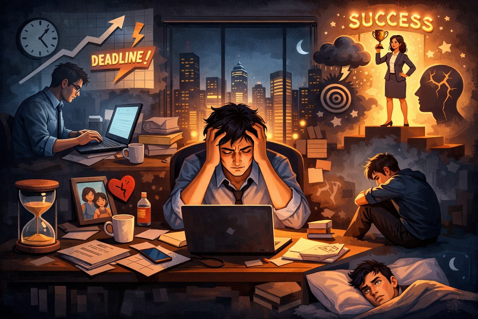 Ilustrasi seorang profesional muda yang kelelahan, menggambarkan dampak hustle culture terhadap kesehatan mental/Ilustrasi: Indoragamnewscom