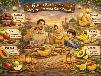 Ilustrasi aneka buah segar seperti kurma, pisang, dan apel yang disajikan untuk menu berbuka puasa dan sahur yang sehat