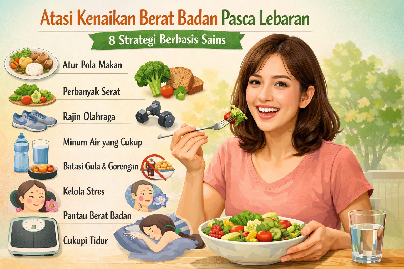 Kenaikan berat badan pasca-Lebaran bisa diatasi dengan delapan strategi berbasis sains: dari atur pola makan, perbanyak serat, hingga cukupi tidur/Ilustrasi: Indoragamnewscom