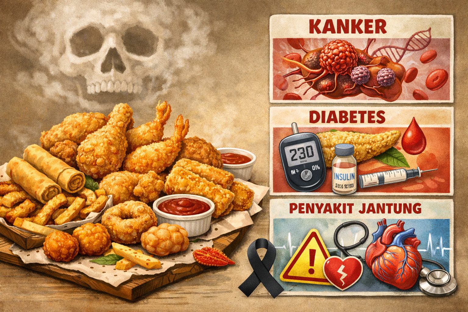 Ilustrasi gorengan dan risiko penyakit kronis seperti kanker, diabetes, dan jantung
