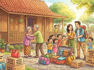 Suasana ceria sebuah keluarga di kampung yang sedang menyambut kedatangan keluarganya dari kota/Ilustrasi: Indoragamnewscom