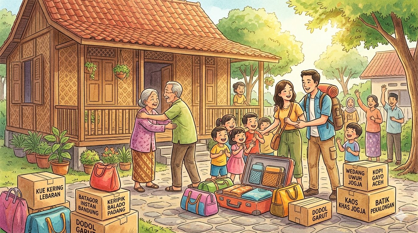 Suasana ceria sebuah keluarga di kampung yang sedang menyambut kedatangan keluarganya dari kota/Ilustrasi: Indoragamnewscom