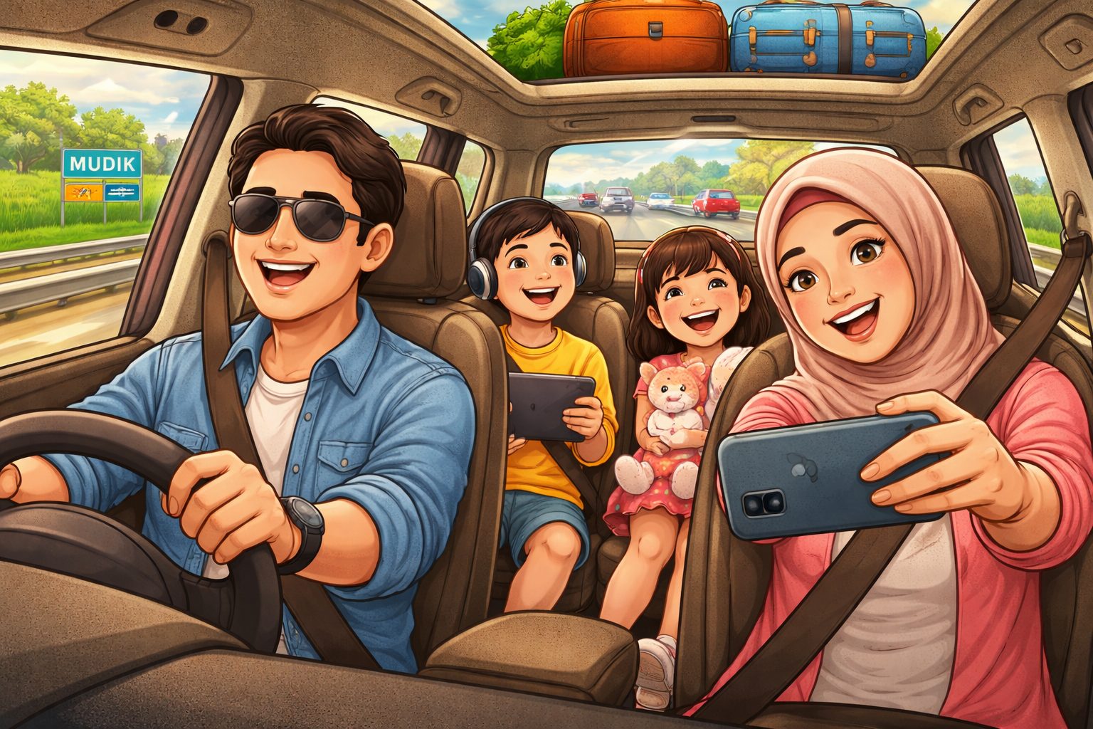 Satu keluarga ceria saat perjalanan mudik/Ilustrasi: Indoragamnewscom