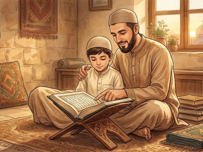 Seorang ayah dan anak duduk bersama membaca Al-Qur’an dalam suasana tenang, menggambarkan parenting Islami ala sahabat Nabi/Ilustrasi: Indoragamnewscom