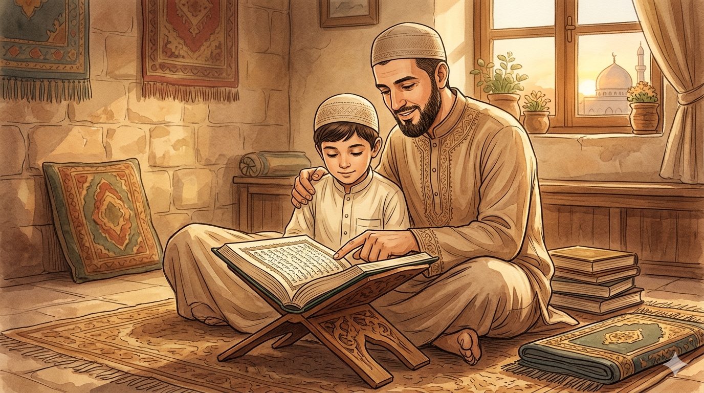 Seorang ayah dan anak duduk bersama membaca Al-Qur’an dalam suasana tenang, menggambarkan parenting Islami ala sahabat Nabi/Ilustrasi: Indoragamnewscom