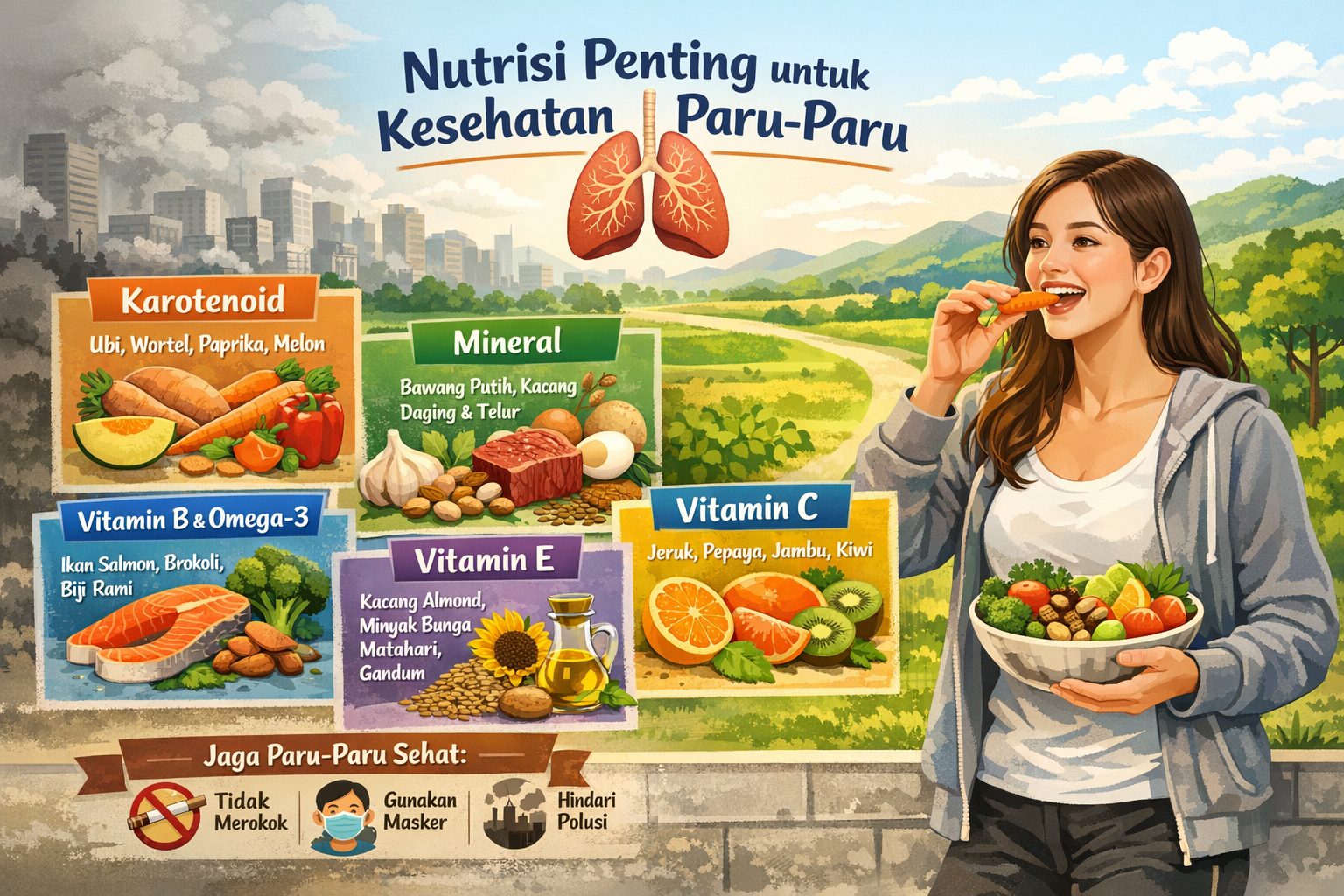 Kenali 5 nutrisi penting untuk kesehatan paru-paru: karotenoid, mineral, vitamin B, C, dan E beserta sumber makanannya/Ilustrasi: Indoragamnewscom