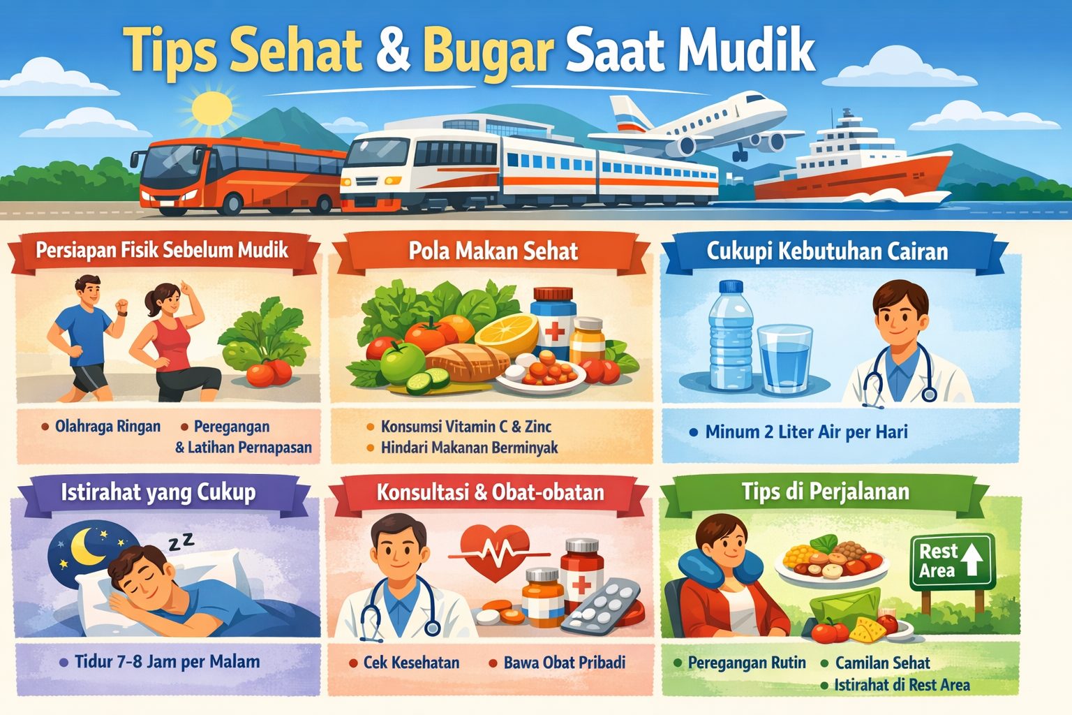 Persiapan fisik mudik Lebaran 2026: olahraga, pola makan, istirahat cukup, dan strategi sehat selama perjalanan agar tetap bugar sampai kampung halaman/Ilustrasi: Indoragamnewscom