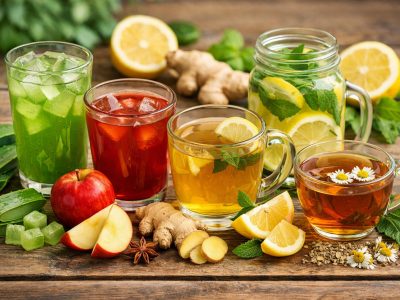 Aneka minuman herbal pembersih usus seperti jus apel, air jahe, dan jus lidah buaya dalam gelas-gelas kaca