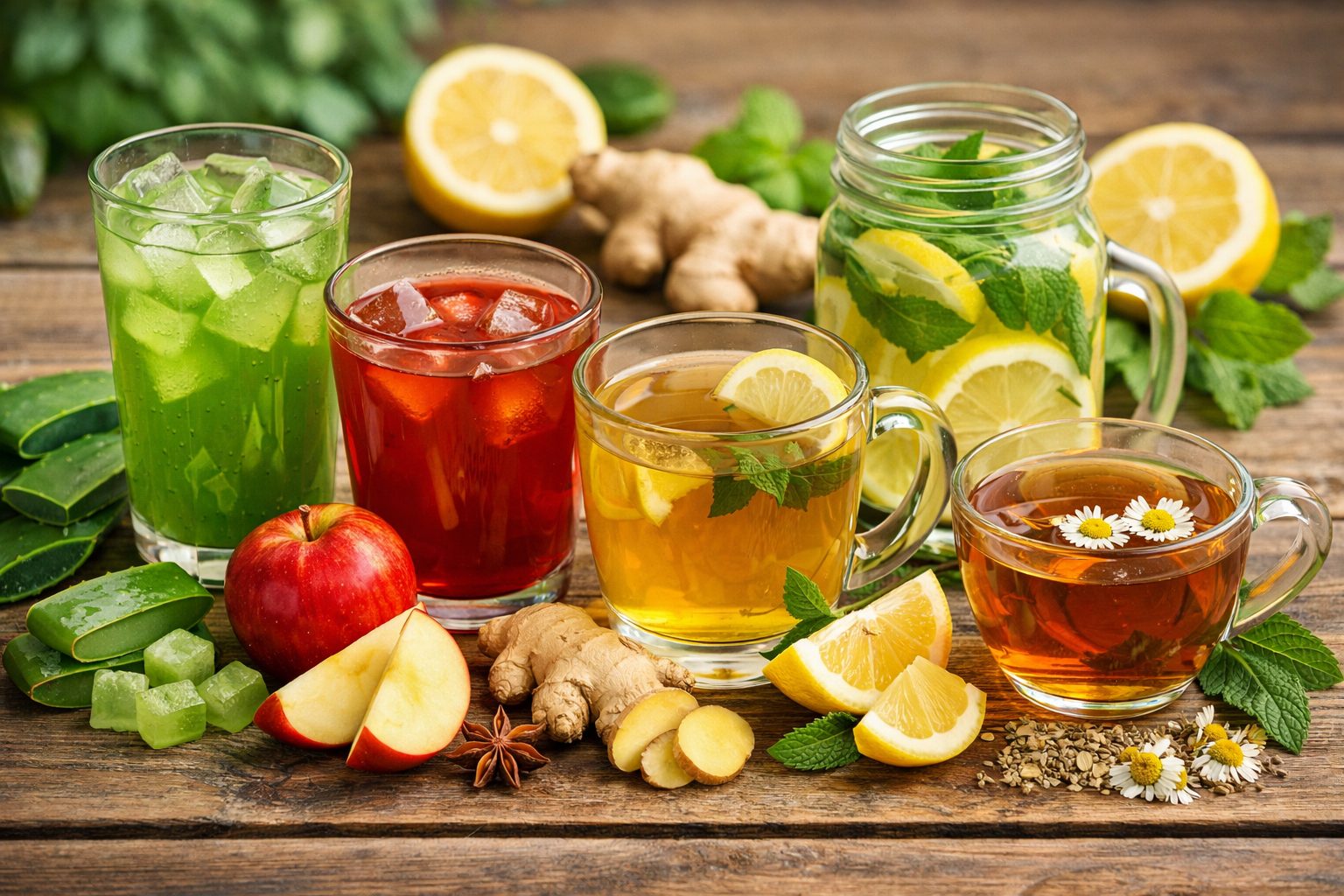 Aneka minuman herbal pembersih usus seperti jus apel, air jahe, dan jus lidah buaya dalam gelas-gelas kaca