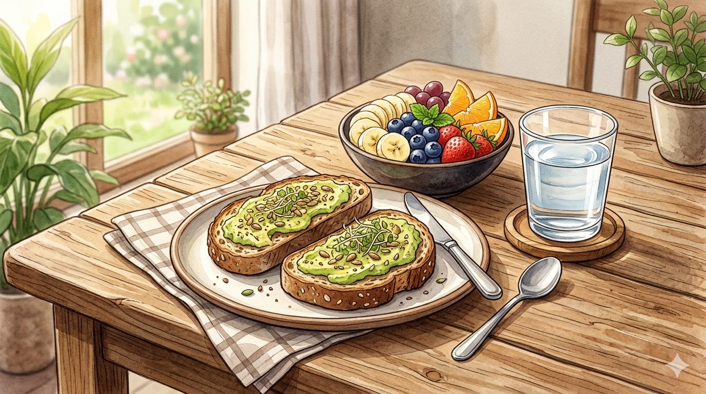 Ilustrasi sarapan sehat dengan roti gandum, buah-buahan segar, dan segelas air putih/Ilustrasi: Indoragamnewscom