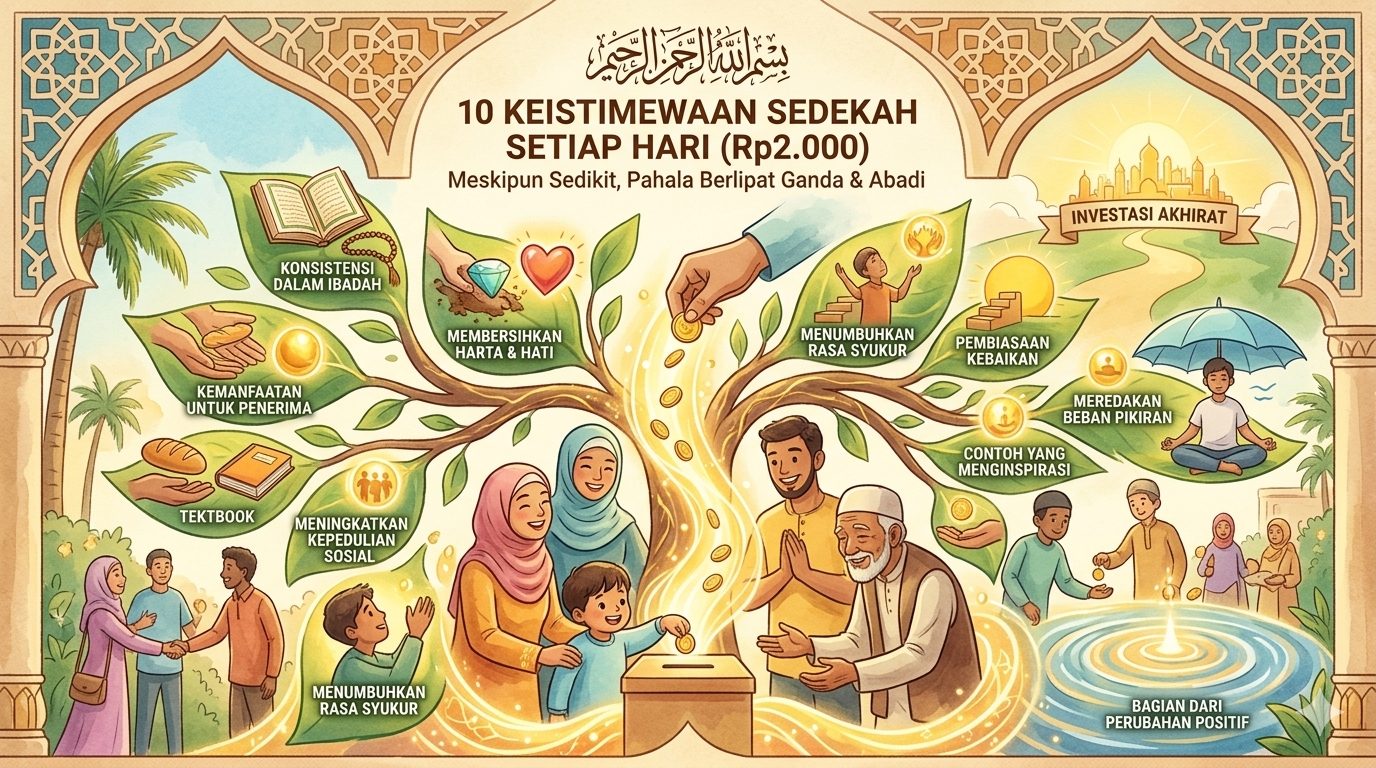 Sedekah Rp2.000 setiap hari punya 10 keistimewaan berdasarkan Alquran dan hadits: bersihkan harta, pupuk kepedulian sosial, hingga jadi investasi akhirat.