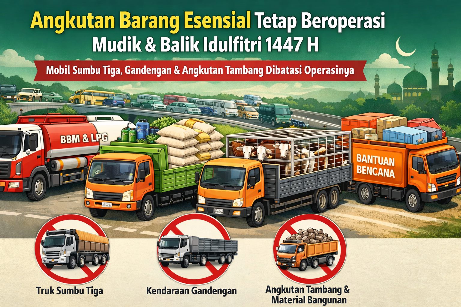 Ilustrasi truk sumbu tiga yang terkena pembatasan operasional selama masa Angkutan Lebaran 2026