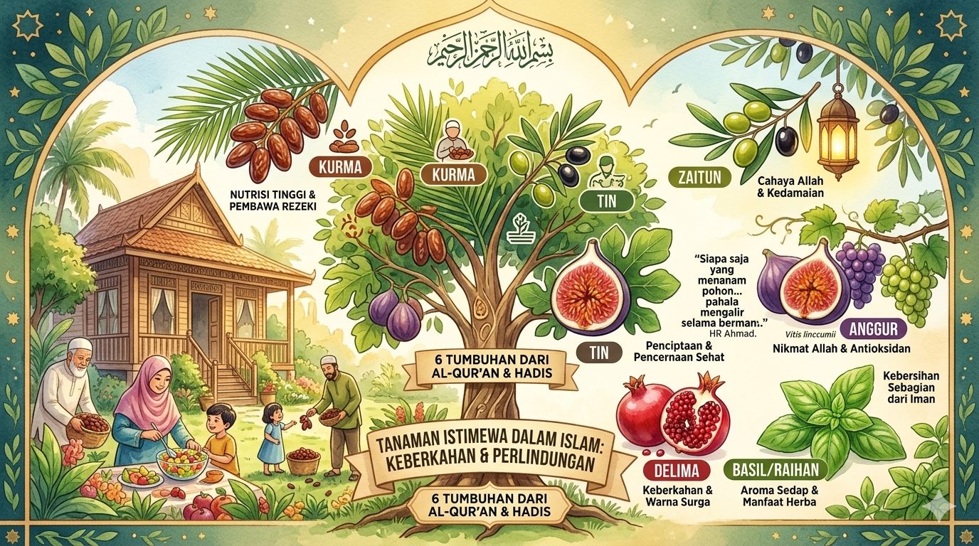Enam tanaman surga dalam Al-Qur'an dan hadis: kurma, zaitun, tin, anggur, delima, dan basil. Tanam di rumah untuk keberkahan dan pahala sedekah jariyah/Ilustrasi: Indoragamnewscom