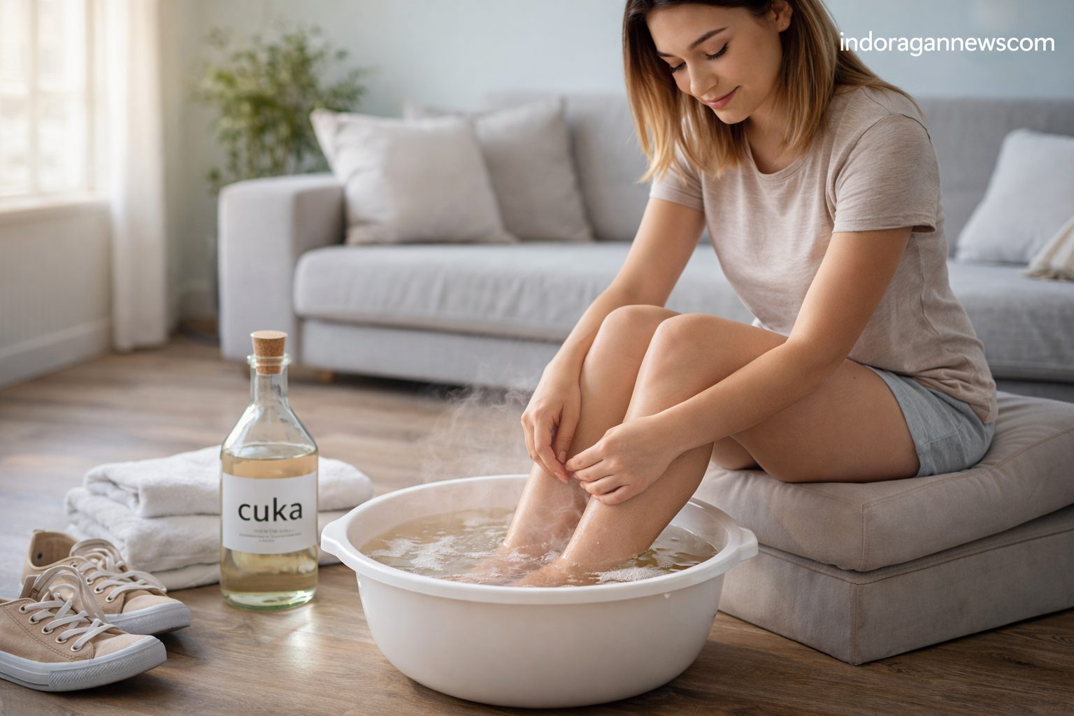 Seorang perempuan sedang merendam kaki dalam baskom berisi air hangat campuran cuka untuk menghilangkan bau kaki/Ilustrasi: Indoragamnewscom