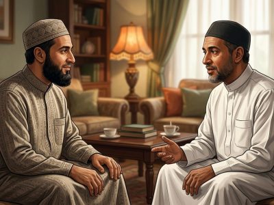Dua orang muslim sedang berdialog dengan tenang/Ilustrasi: Indoragamnewscom
