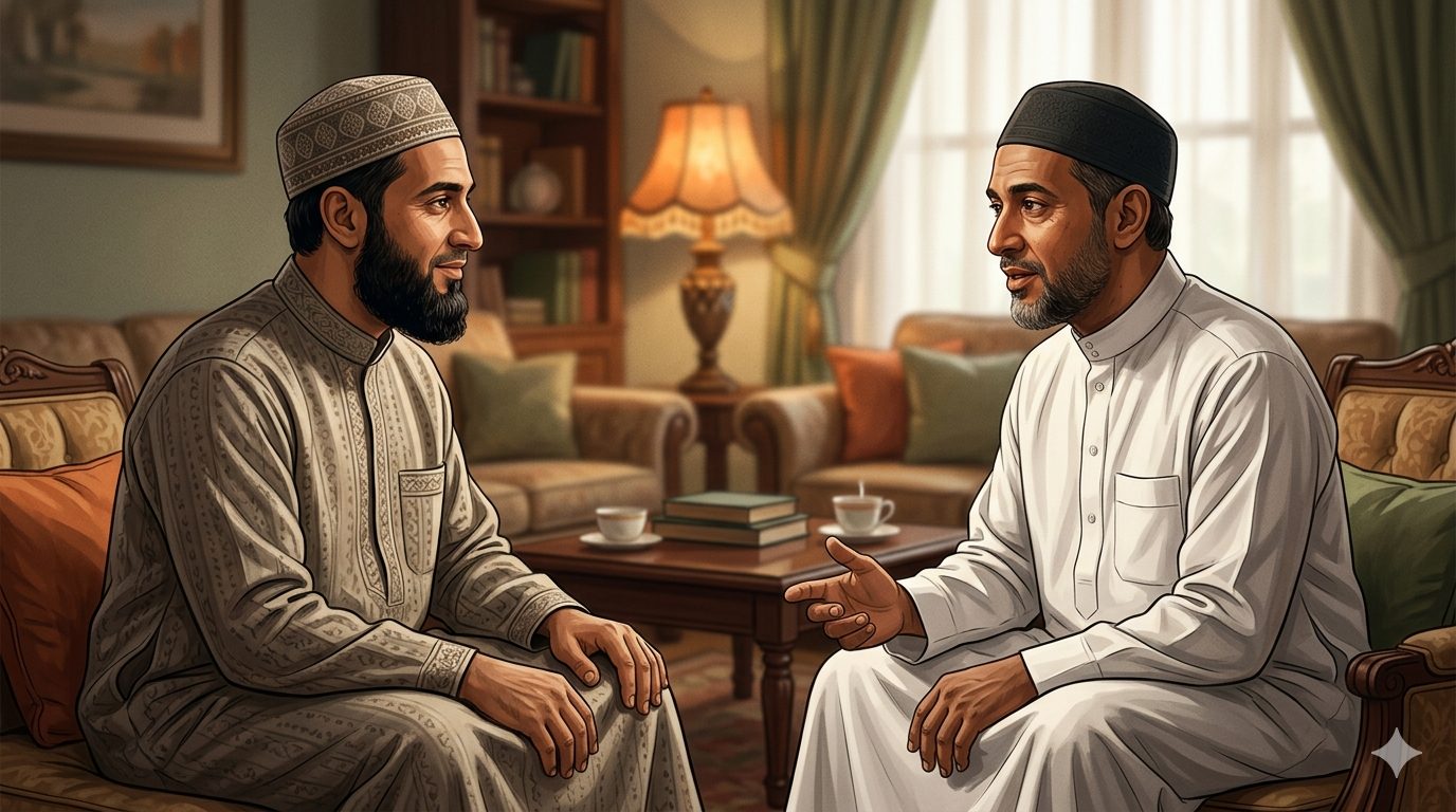 Dua orang muslim sedang berdialog dengan tenang/Ilustrasi: Indoragamnewscom