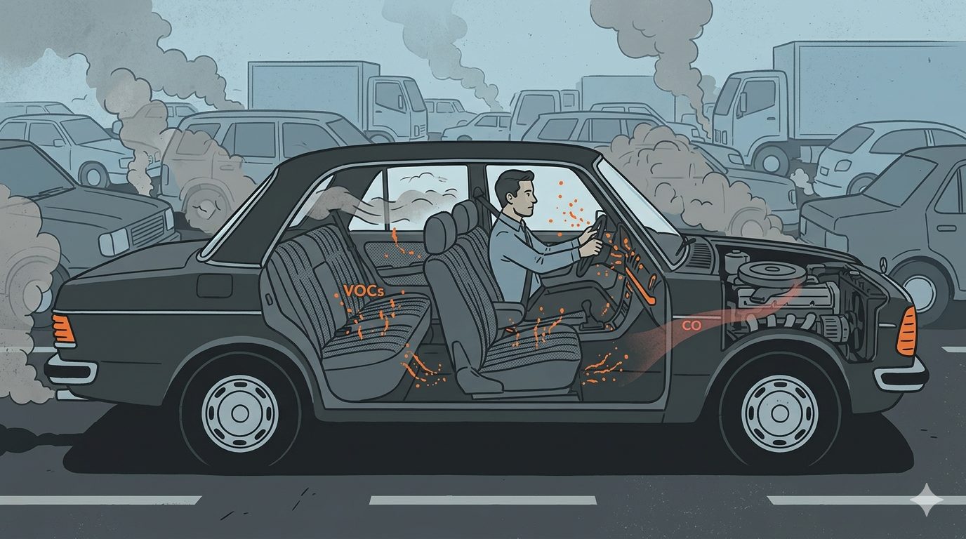 Polusi udara di dalam mobil sering dilupakan. VOC dari interior, emisi kendaraan sekitar, hingga kebocoran gas buang bisa mengancam kesehatan/Ilustrasi: Indoragamnewscom