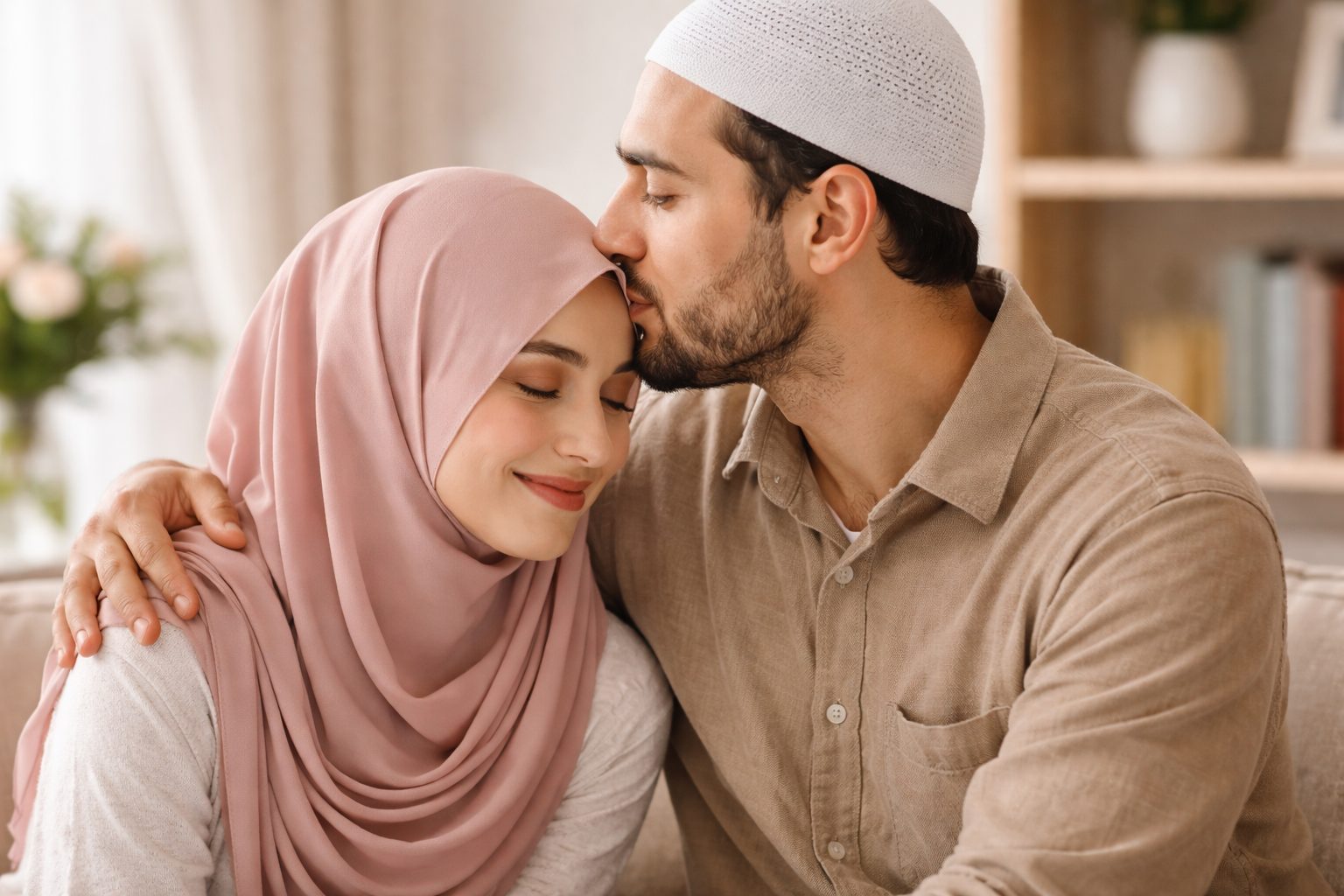 Seorang suami sedang mencium ubun-ubun istrinya dengan suasana hangat penuh kasih sayang, menggambarkan keteladanan dalam rumah tangga/Ilustrasi: Indoragamnewscom