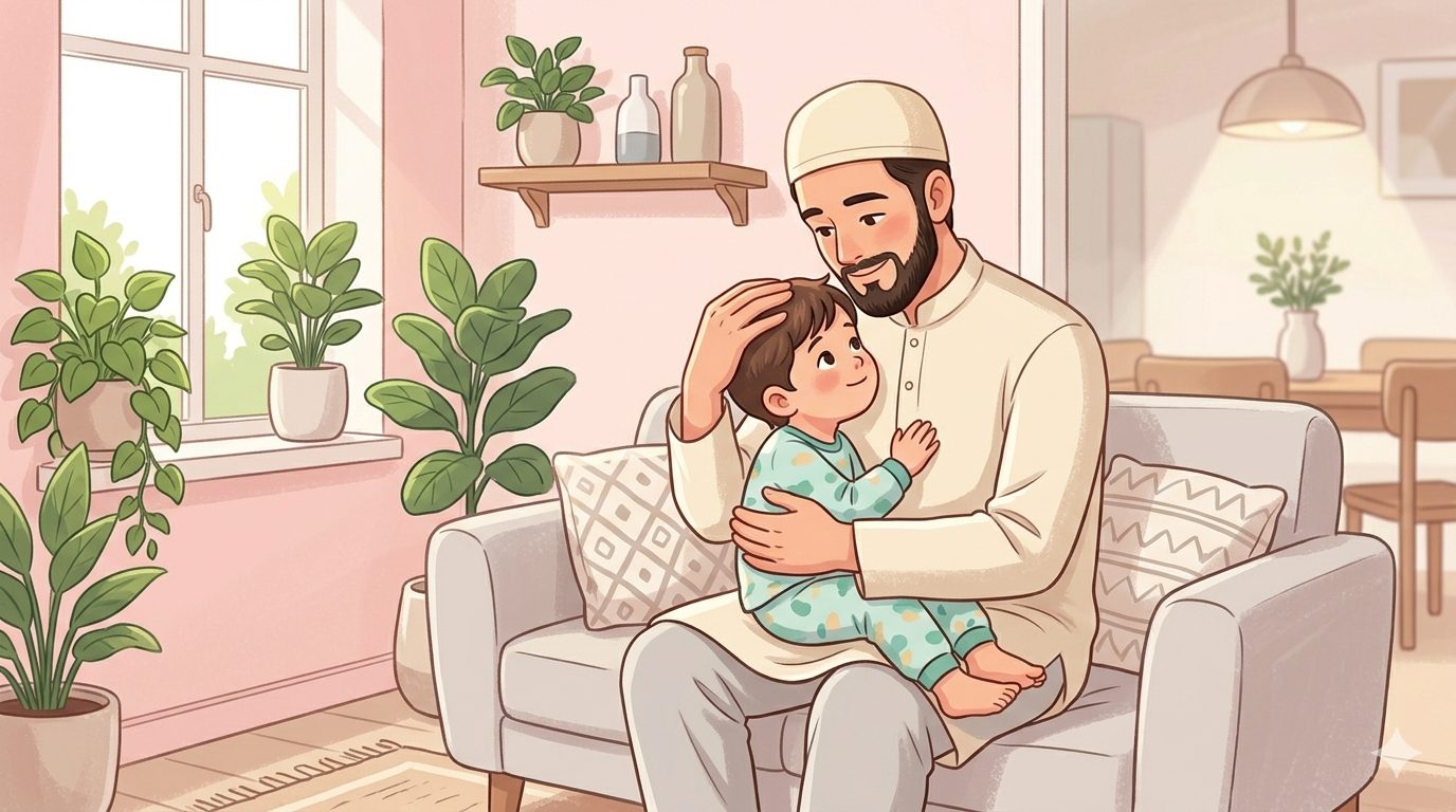 Seorang ayah sedang menggendong dan membelai seorang anak kecil dengan penuh kasih sayang. Menunjukkan kelembutan kepada anak-anak/Ilustrasi: Indoragamnewscom