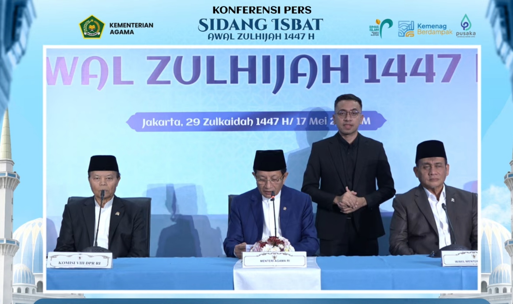 Menteri Agama Nasaruddin Umar saat konferensi pers penetapan Idul Adha 1447 H di kantor Kementerian Agama, Jakarta, Minggu (17/5/2026)/Foto: Youtube Kemenag