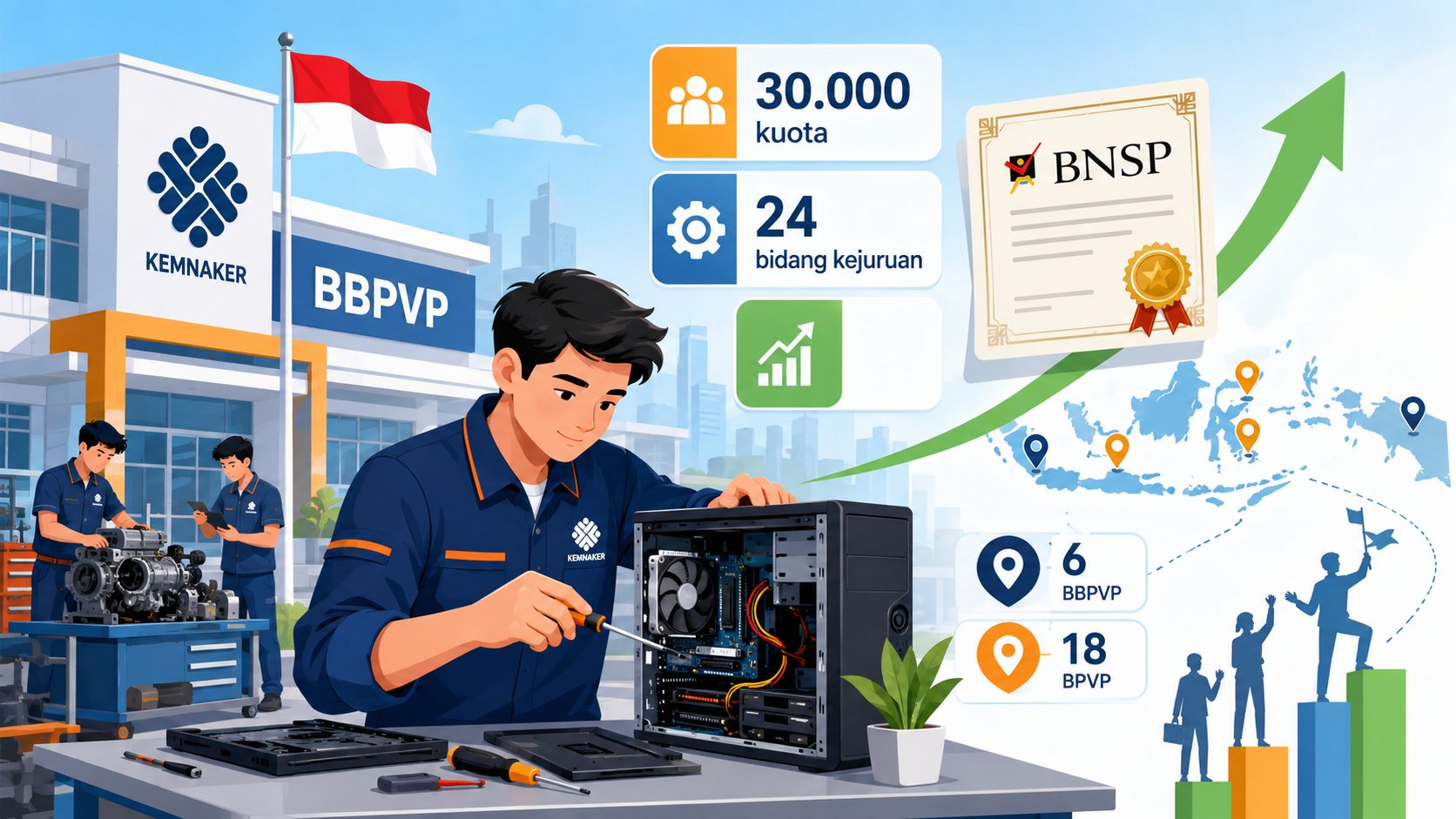 Kemnaker buka Pelatihan Vokasi Batch 2 tahun 2026, target 30 ribu peserta. Pendaftaran 19 Mei-9 Juni via Skillhub, gratis, dapat sertifikat BNSP, 24 bidang kejuruan/Ilustrasi: Indoragamnewscom