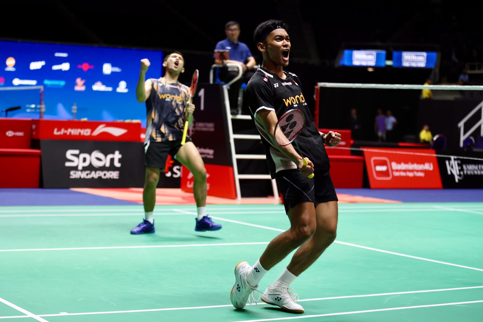 Fajar Alfian/Muhammad Shohibul Fikri ke final Singapore Open 2026 usai menang 21-4 di gim kedua atas juara All England asal China. Final hadapi ganda India/Foto: Media PBSI