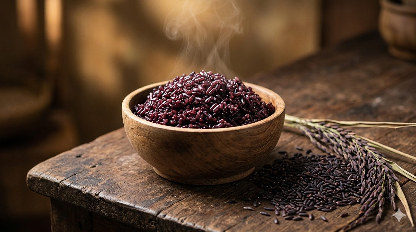 Dulu hanya untuk bangsawan Cina, beras hitam disebut "forbidden rice". Kini penelitian modern membuktikan kandungan antosianinnya unggul untuk jantung hingga hati/Ilustrasi: Indoragamnewscom