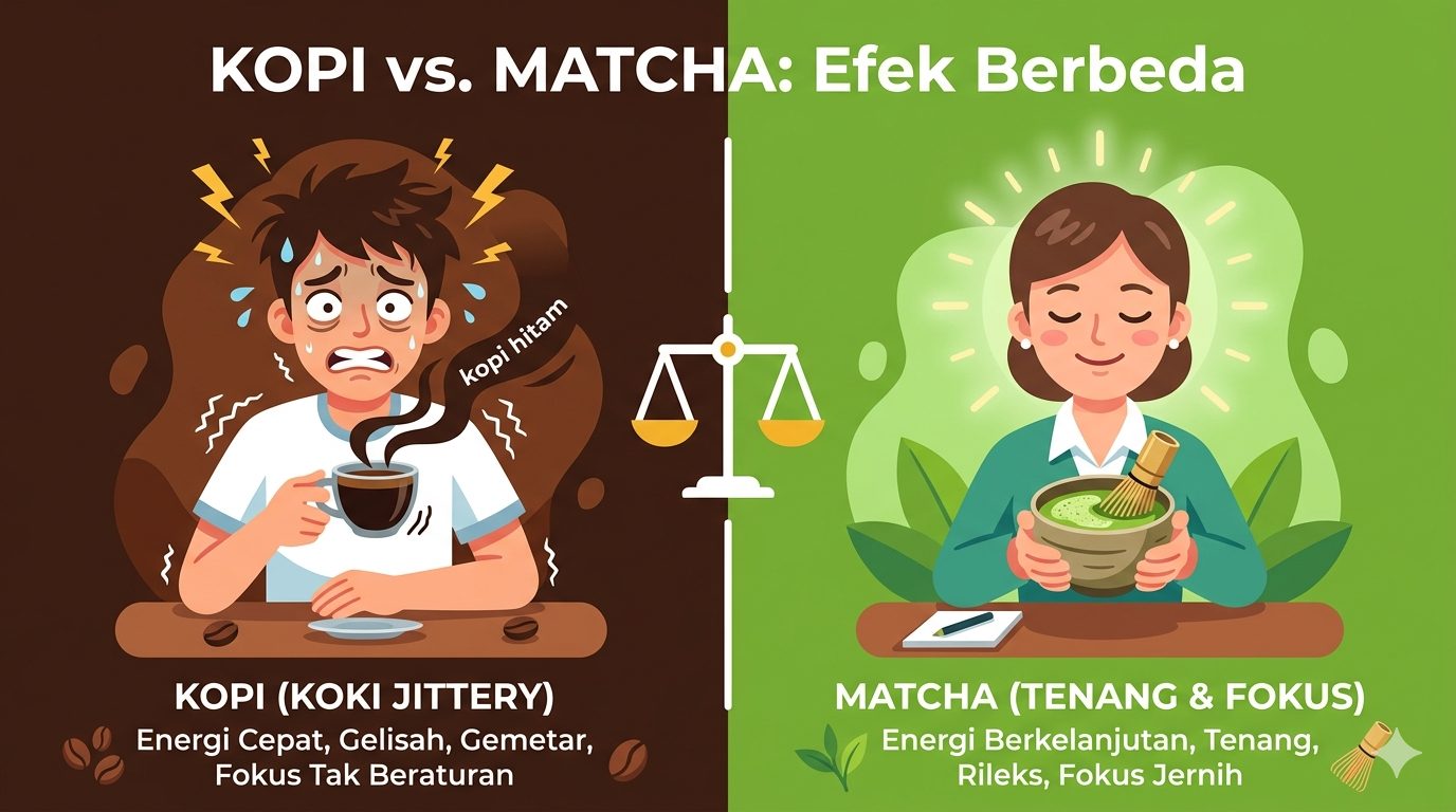 Matcha disebut lebih unggul dari kopi dan teh hijau biasa untuk anti-penuaan. Kadar antioksidannya tinggi, plus prebiotik untuk usus sehat.