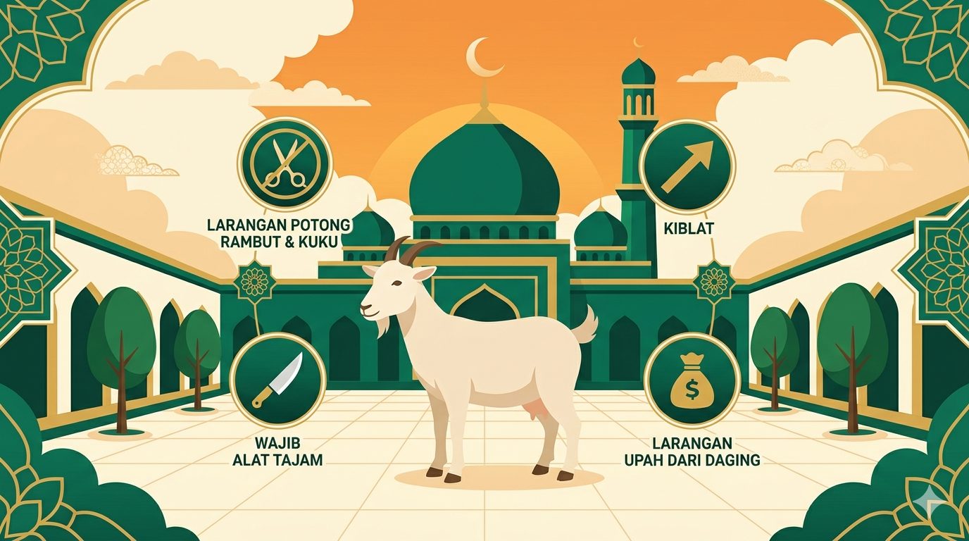 11 larangan saat qurban menurut hadits shahih. Dari potong rambut hingga memberi upah tukang sembelih dengan daging. Perbedaan pendapat 4 mazhab.
