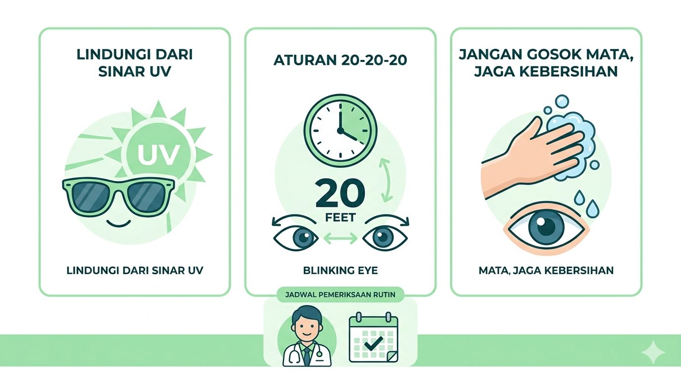 Tips jaga kesehatan mata: aturan 20-20-20, pakai kacamata hitam, dan hindari menggosok mata/Ilustrasi: Indoragamnewscom